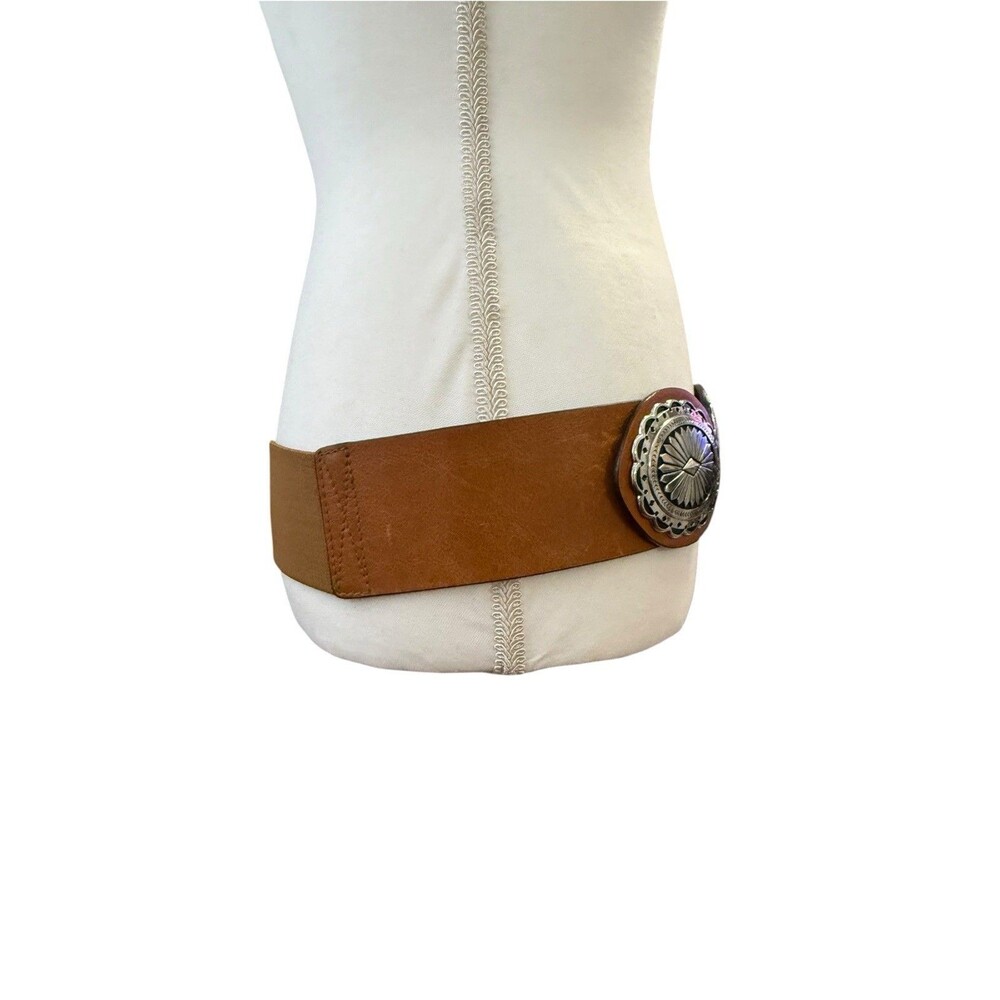 Western Concho Statement Belt Cognac Brown Faux Leather Silver Tone Stretch 38” - Picture 5 of 7